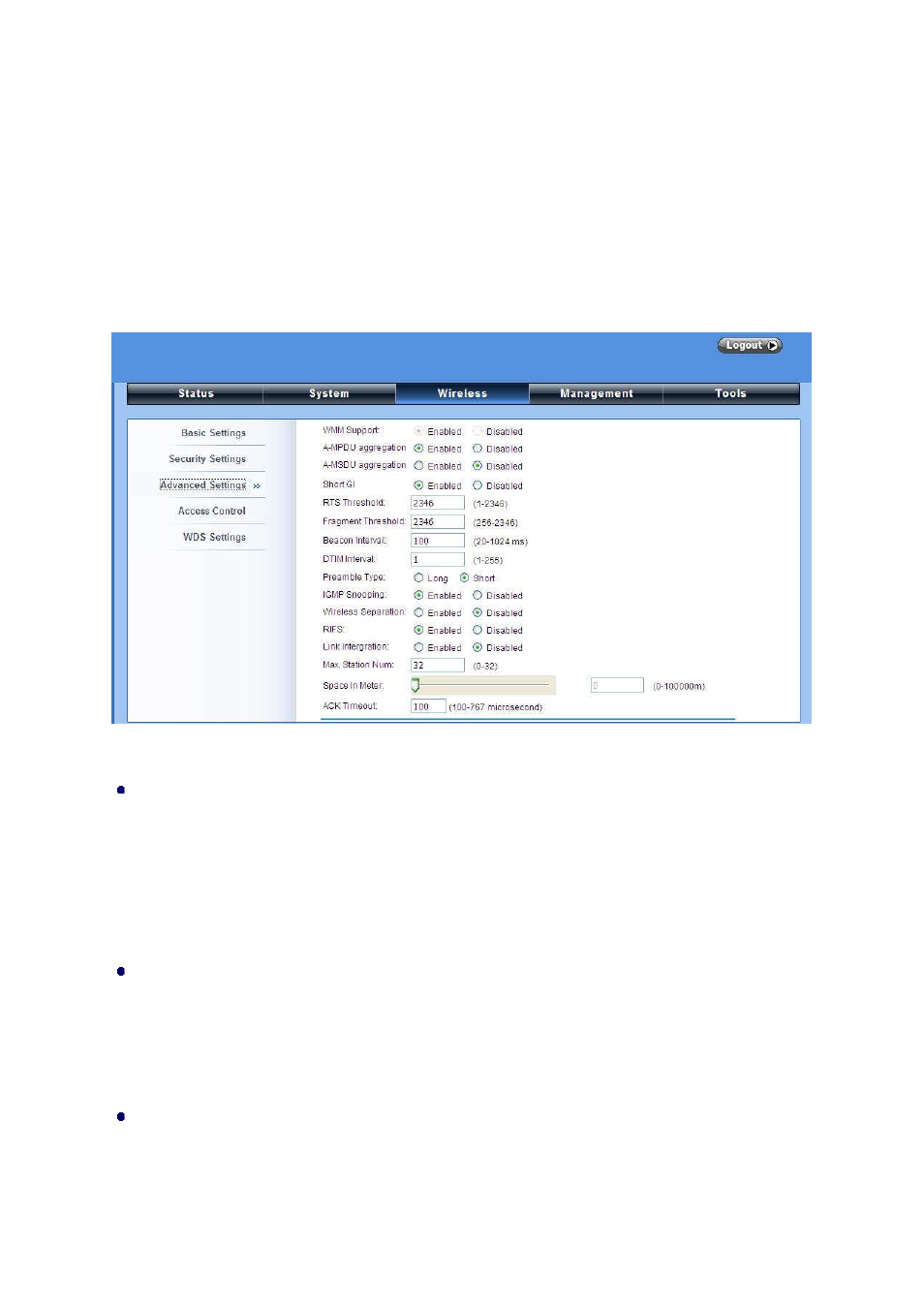 Chapter 4 advanced settings, Advanced wireless settings | LevelOne WAB-6120 User Manual | Page 40 / 65