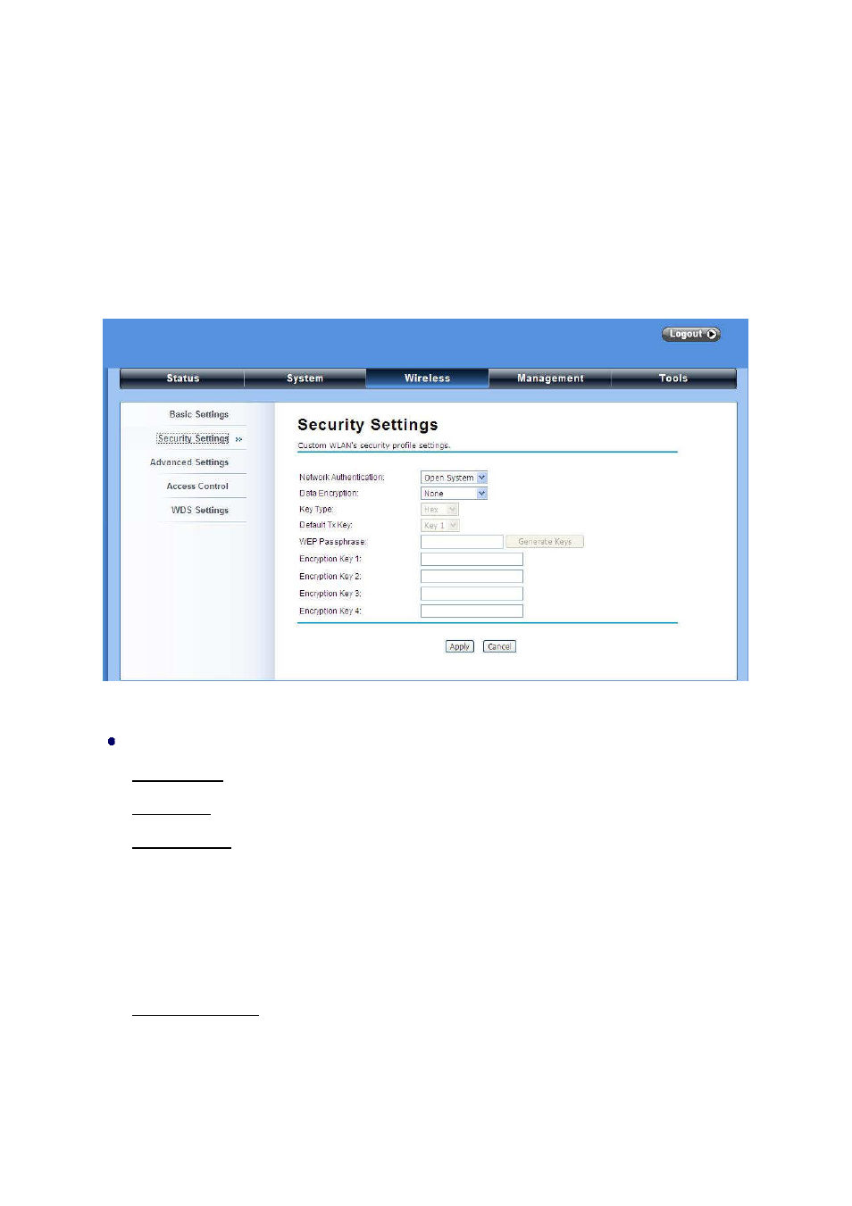 Wireless security settings, Security settings | LevelOne WAB-6120 User Manual | Page 43 / 65