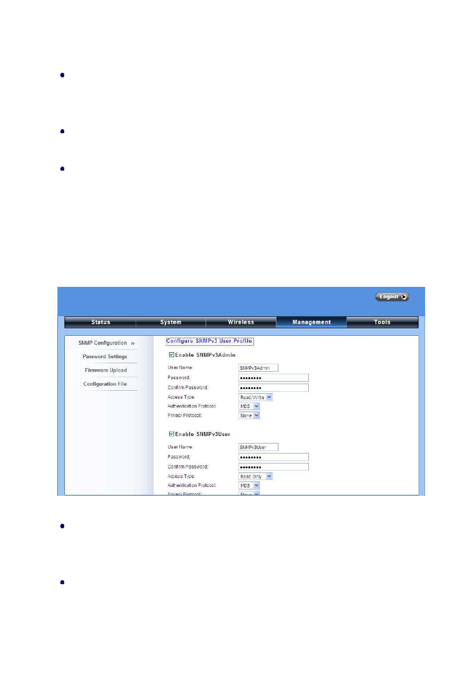 Configure snmpv3 user profile | LevelOne WAB-6120 User Manual | Page 48 / 65