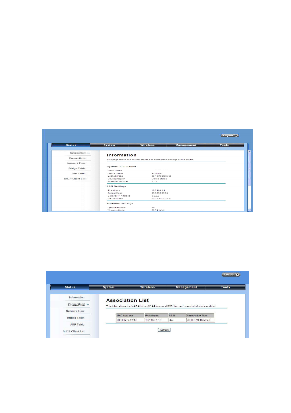 Chapter 6 status, View association list | LevelOne WAB-6120 User Manual | Page 55 / 65