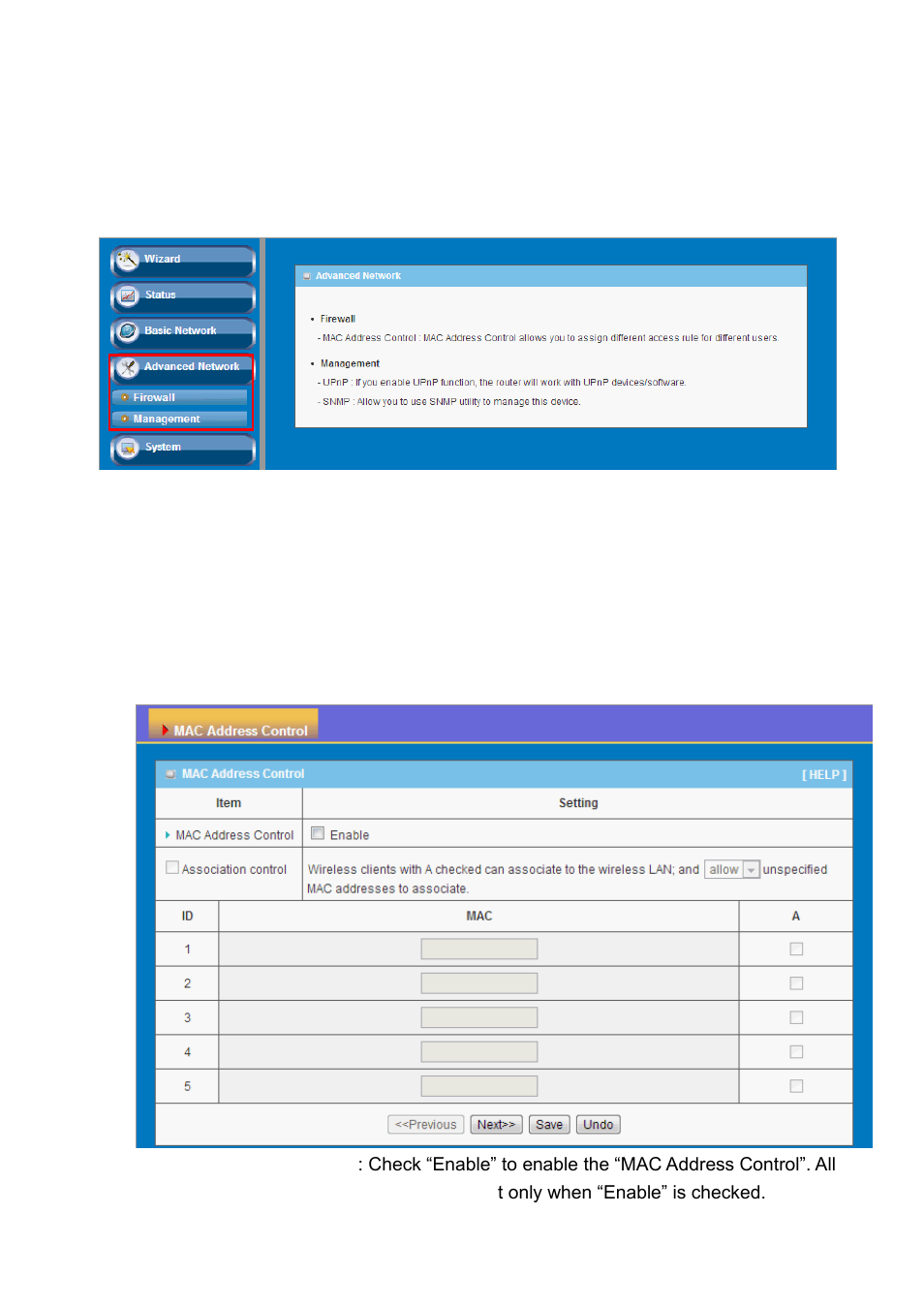 Dvanced, Etwork, Firewall | Mac address control, 2 advanced network, 1 firewall | LevelOne WAP-6101 User Manual | Page 44 / 71