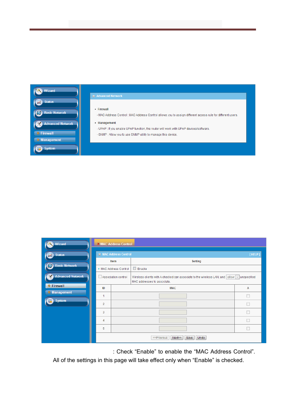 Dvanced, Etwork, Firewall | Mac address control, 2 advanced network, 1 firewall | LevelOne WAP-6101 User Manual | Page 30 / 49