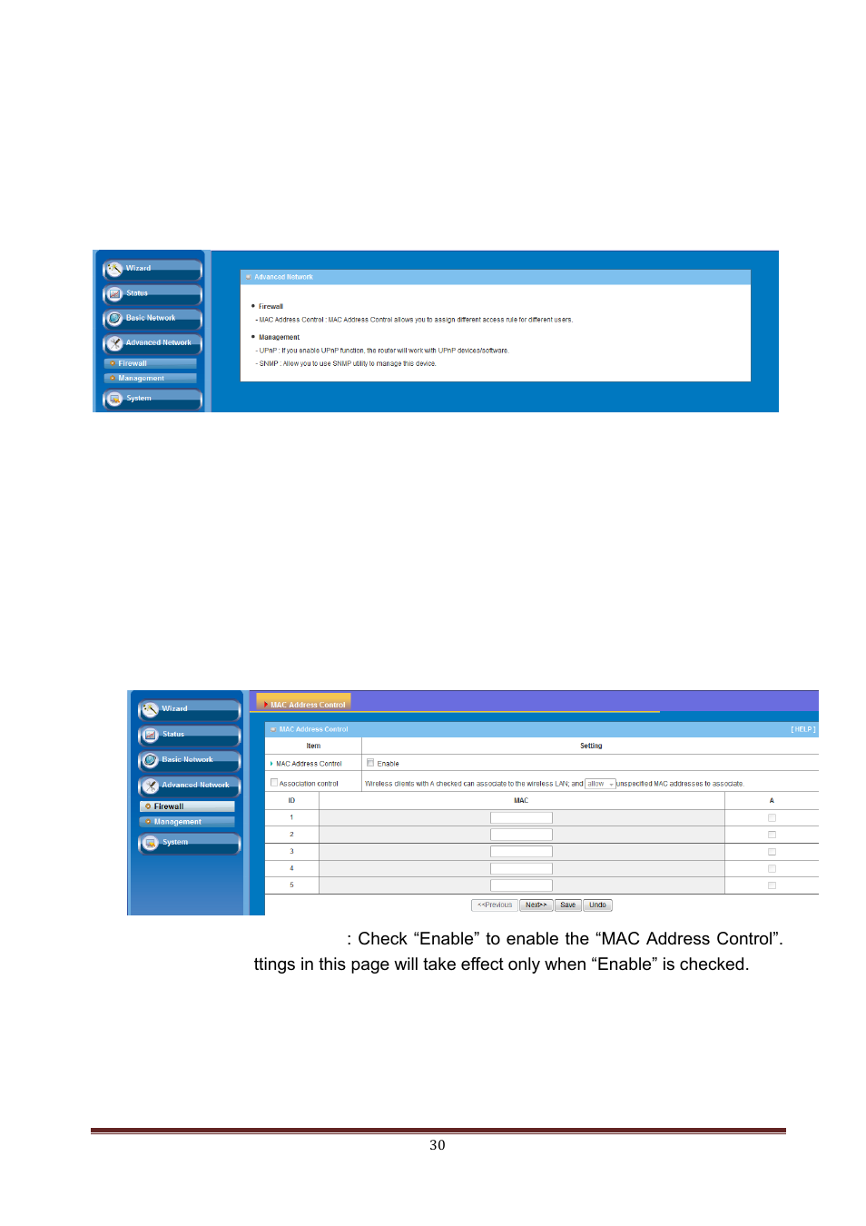 Dvanced, Etwork, Firewall | Mac address control, 2 advanced network, 1 firewall | LevelOne WAP-6150 User Manual | Page 30 / 49
