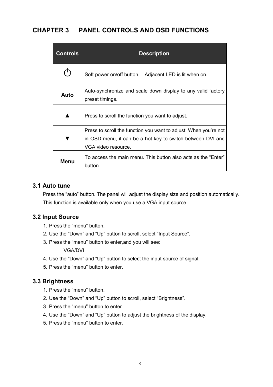 Chapter 3 panel controls and osd functions, Uto tune, Nput | Ource, Rightness | LevelOne KVM-0117 User Manual | Page 11 / 17