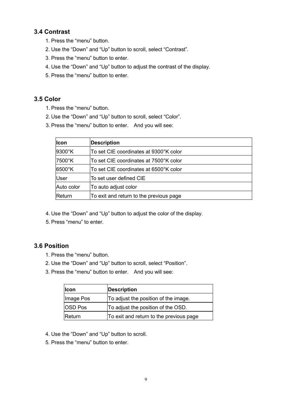 Ontrast, Olor, Osition | LevelOne KVM-0117 User Manual | Page 12 / 17