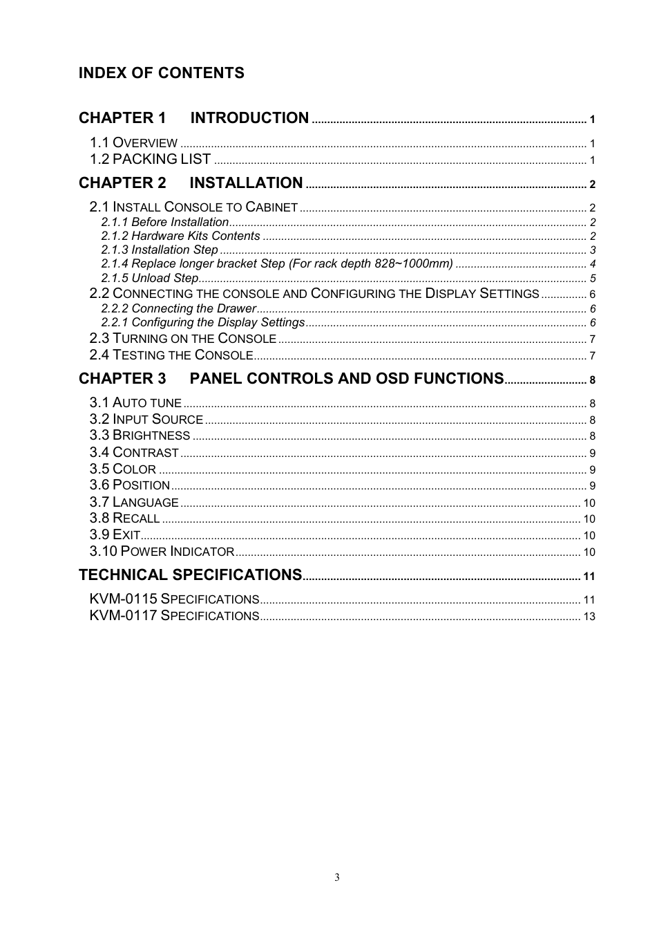 Index of contents chapter 1 introduction, Chapter 2 installation, Chapter 3 panel controls and osd functions | Technical specifications | LevelOne KVM-0117 User Manual | Page 3 / 17