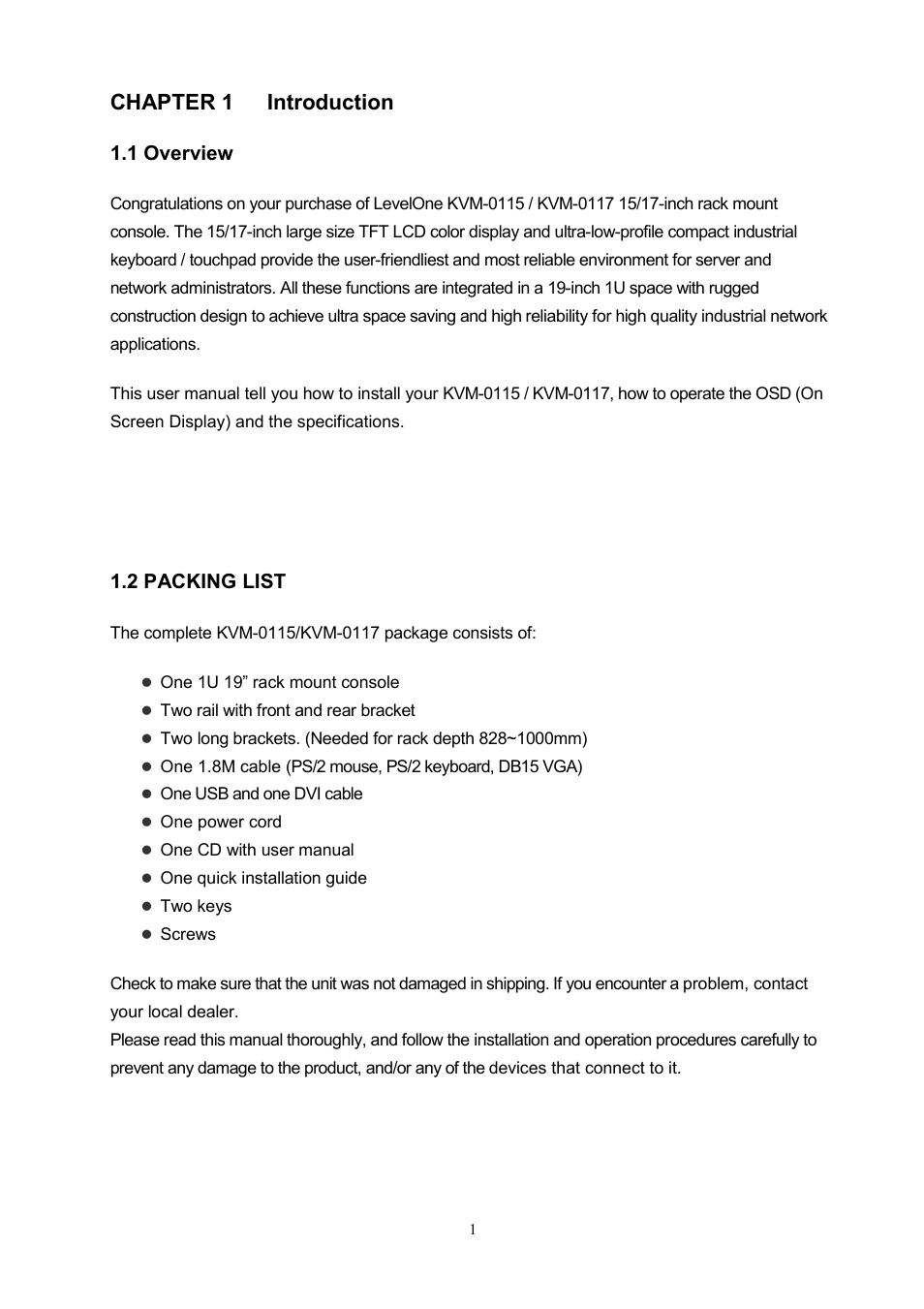 Chapter 1 introduction, Verview, Packing | List, 1 overview, 2 packing list | LevelOne KVM-0117 User Manual | Page 4 / 17
