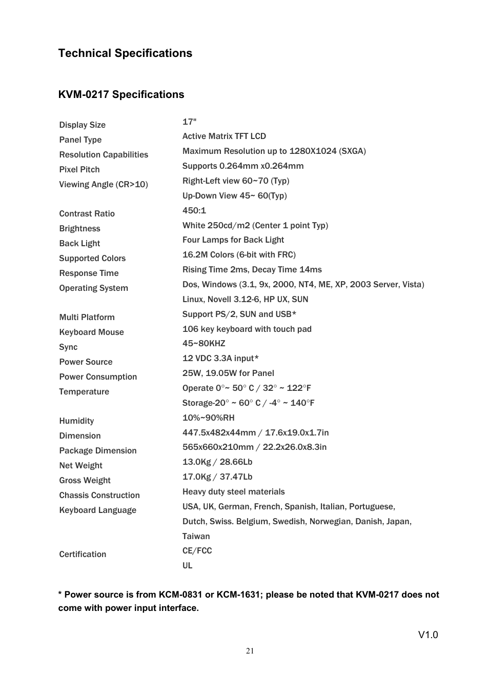 Technical specifications | LevelOne KVM-0217 User Manual | Page 21 / 21