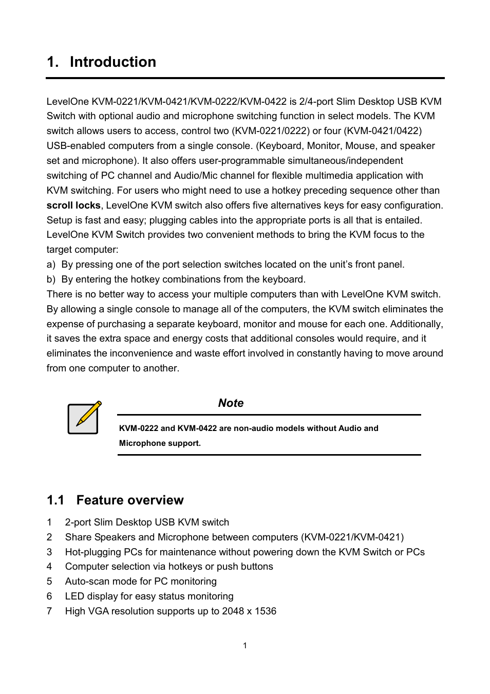 Introduction, 1 feature overview | LevelOne KVM-0221 User Manual | Page 4 / 15