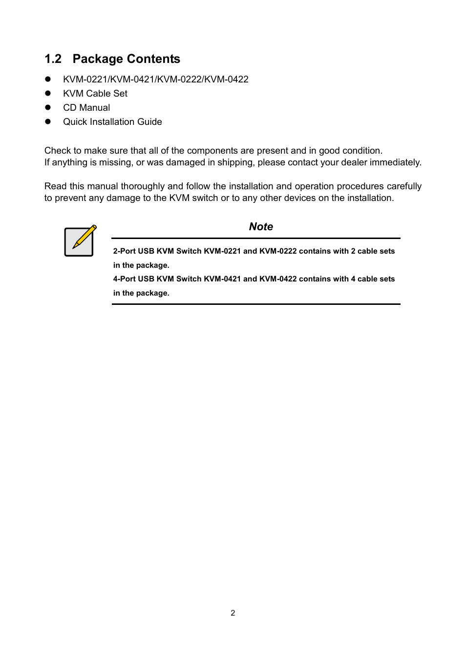 2 package contents | LevelOne KVM-0222 User Manual | Page 5 / 15