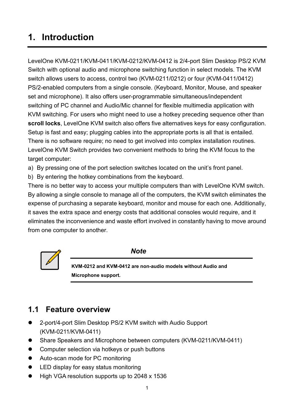 Introduction, 1 feature overview | LevelOne KVM-0411 User Manual | Page 4 / 10