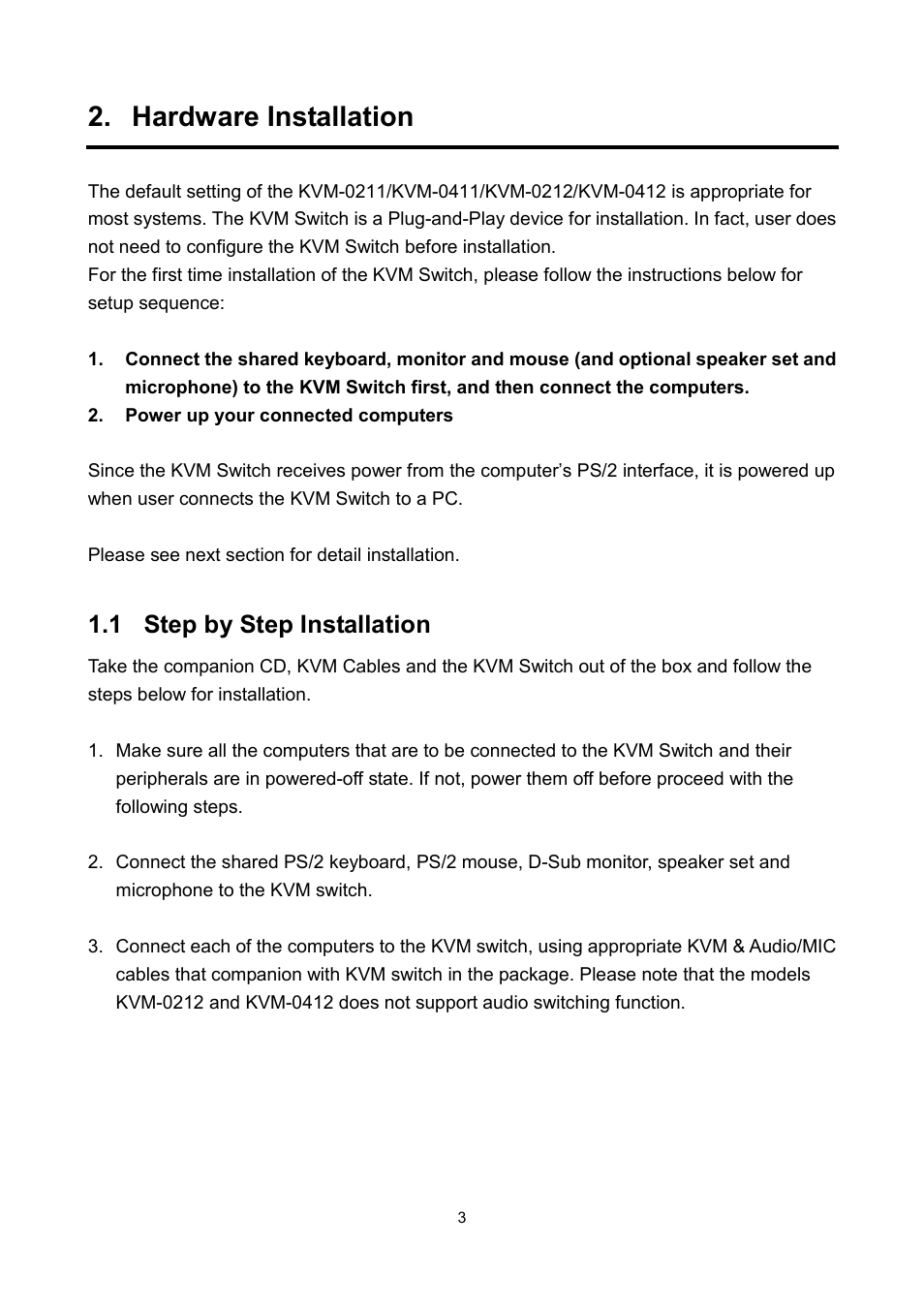 Hardware installation, 1 step by step installation | LevelOne KVM-0411 User Manual | Page 6 / 10