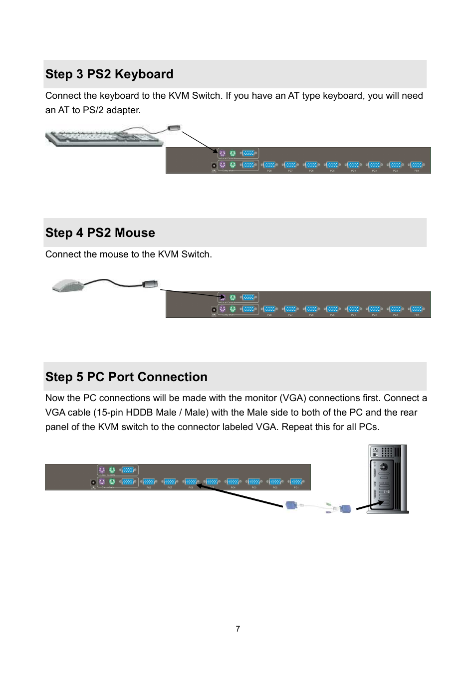Step 3 ps2 keyboard, Step 4 ps2 mouse, Step 5 pc port connection | LevelOne KVM-0811 User Manual | Page 10 / 22