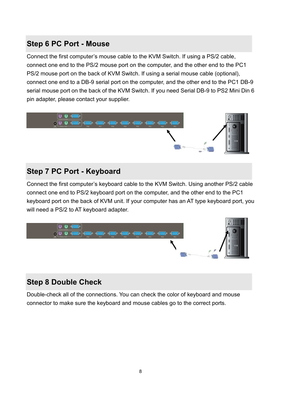 Step 6 pc port - mouse, Step 7 pc port - keyboard, Step 8 double check | LevelOne KVM-0811 User Manual | Page 11 / 22