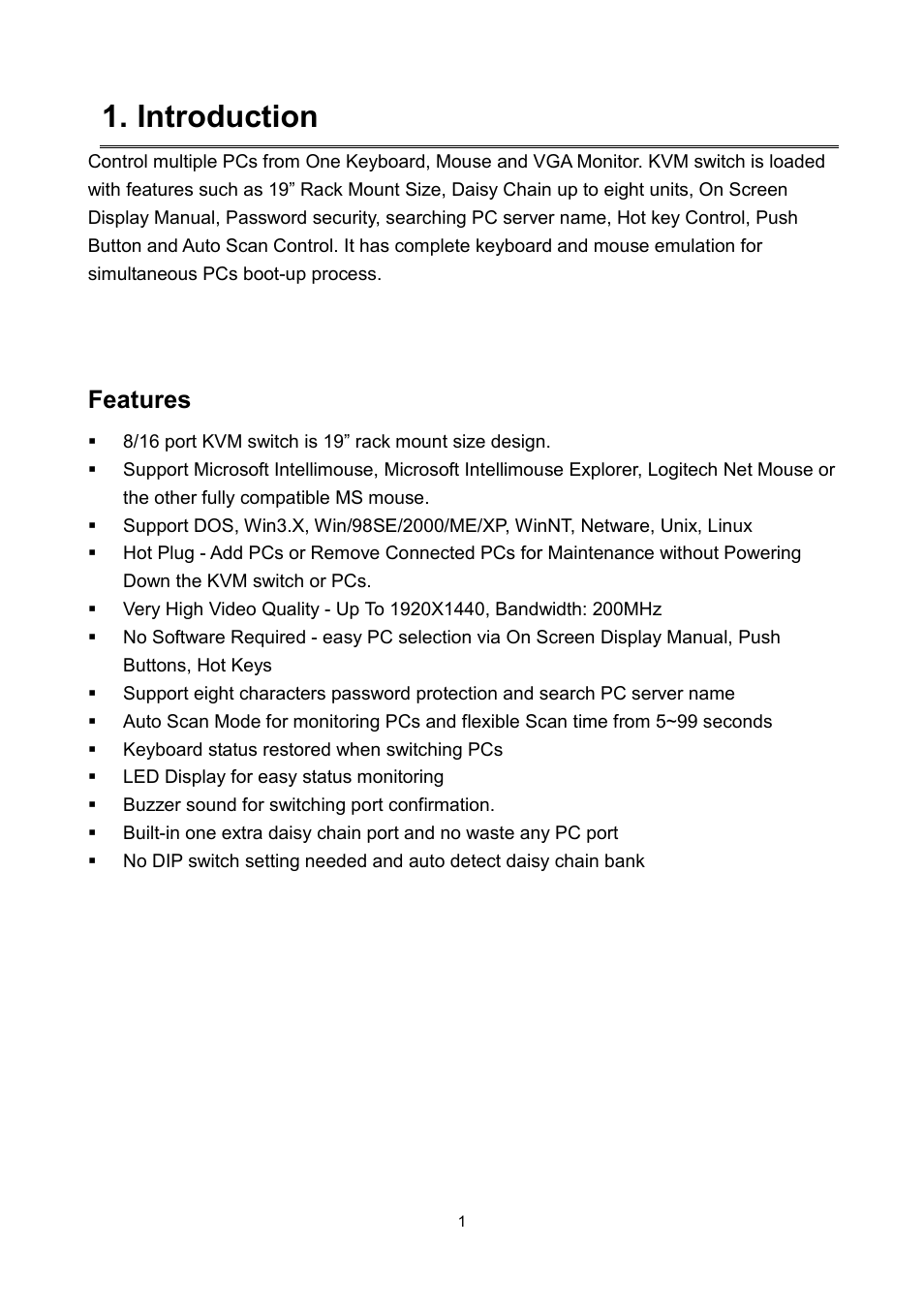 Introduction, Features | LevelOne KVM-0811 User Manual | Page 4 / 22