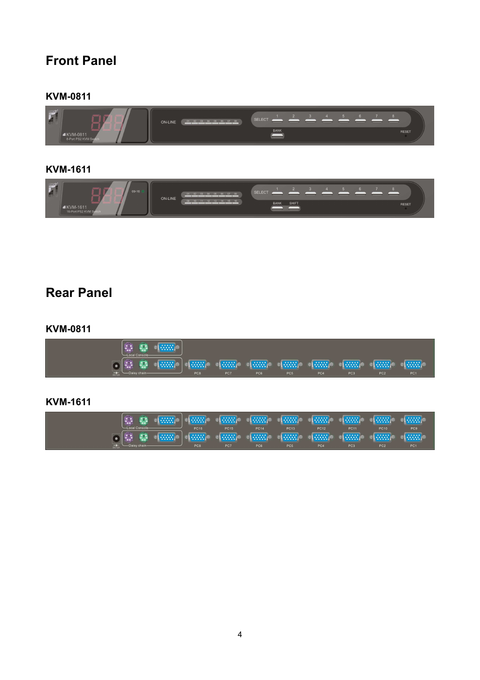 Front panel, Rear panel | LevelOne KVM-0811 User Manual | Page 7 / 22