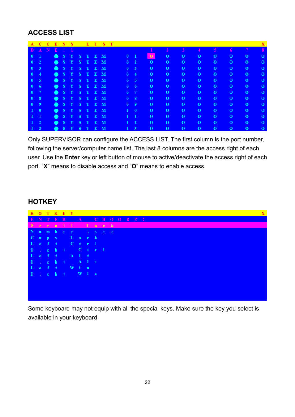 Access list, Hotkey | LevelOne KVM-0831 User Manual | Page 27 / 31