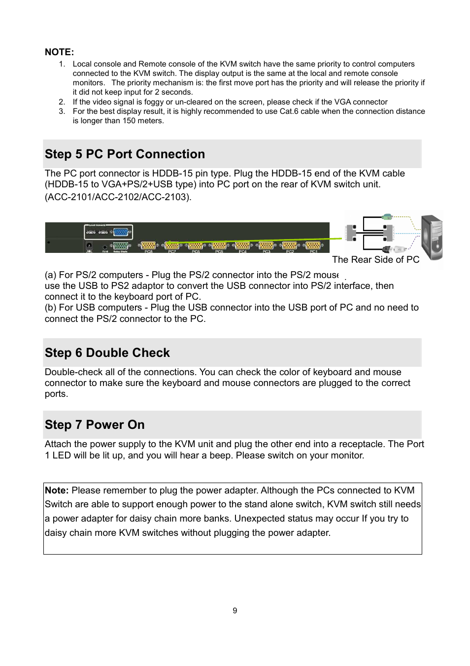 Step 5 pc port connection, Step 6 double check, Step 7 power on | LevelOne KVM-1631 User Manual | Page 14 / 62