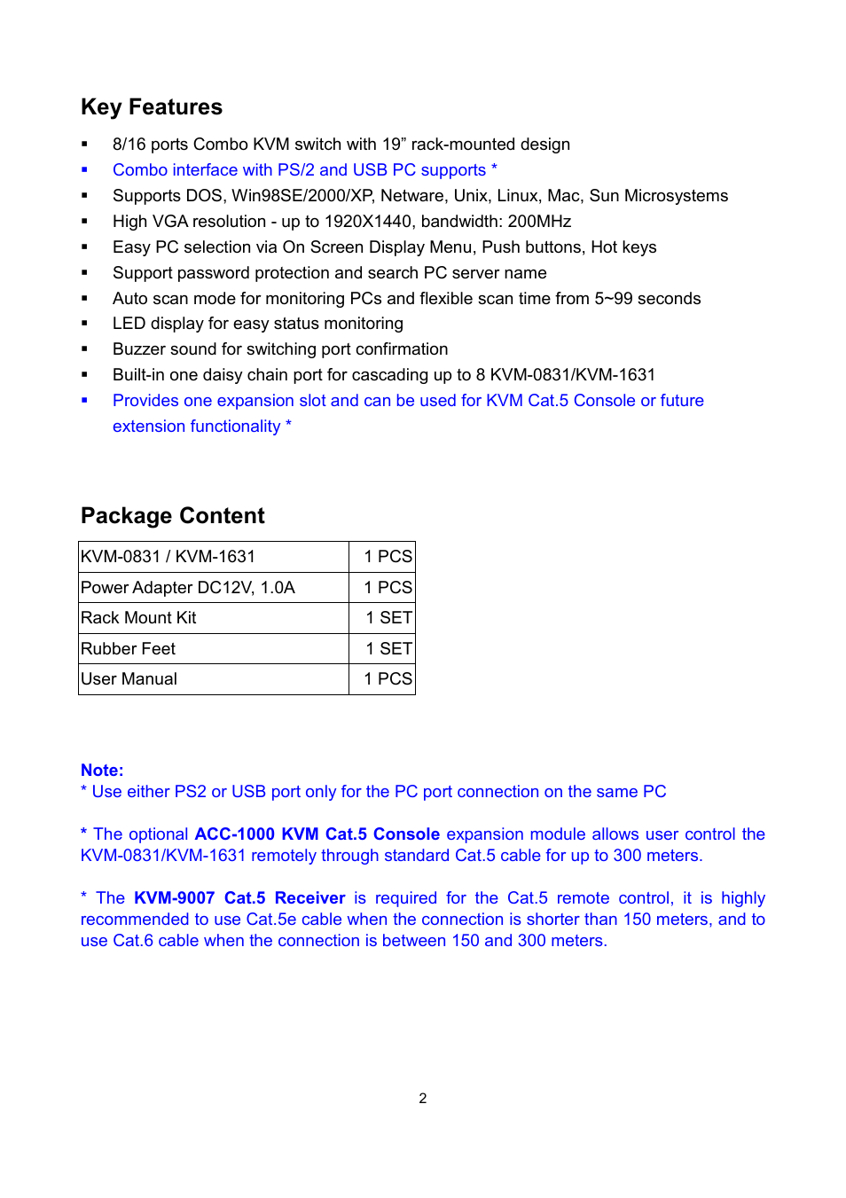 Key features, Package content | LevelOne KVM-1631 User Manual | Page 38 / 62