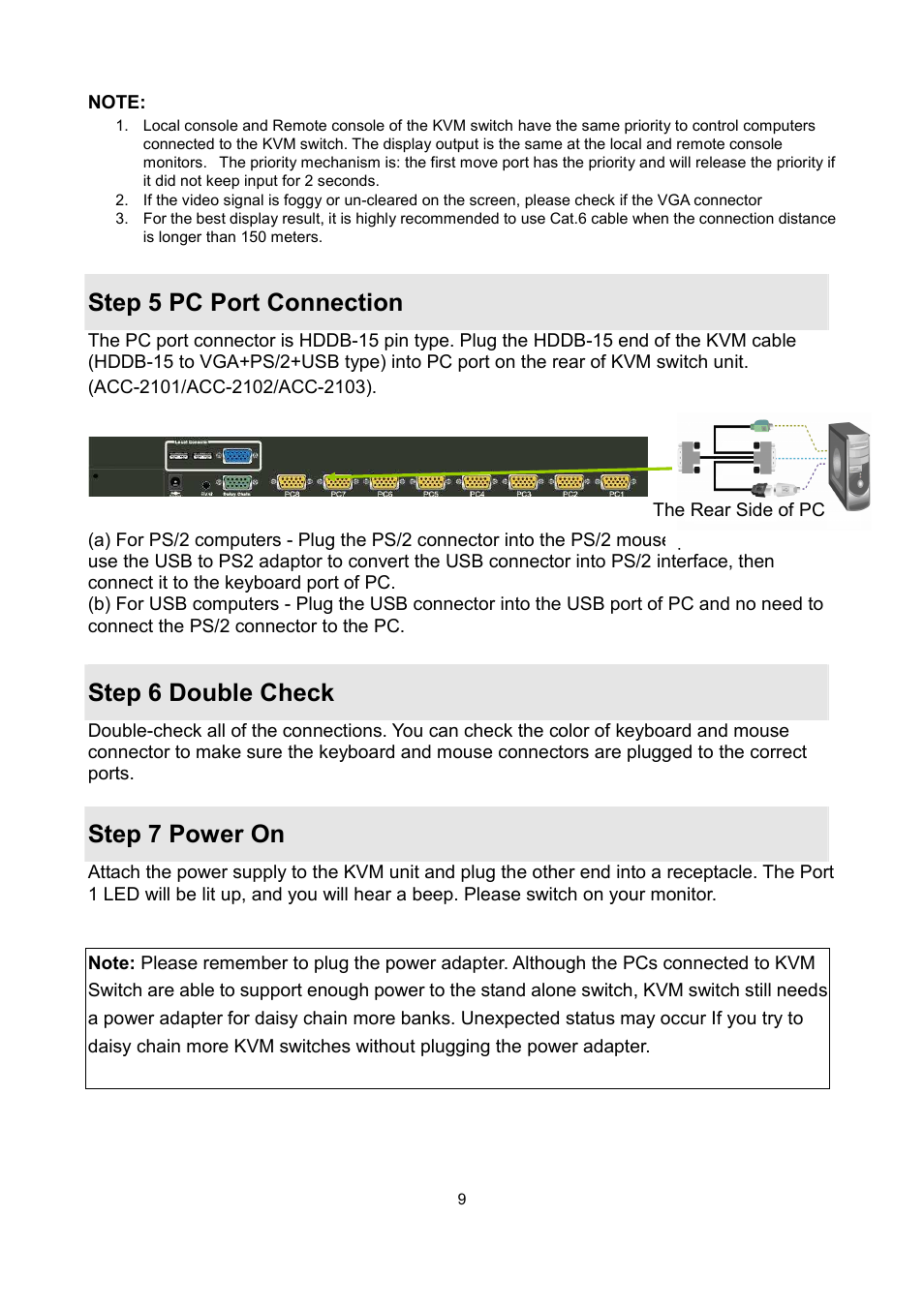 Step 5 pc port connection, Step 6 double check, Step 7 power on | LevelOne KVM-1631 User Manual | Page 45 / 62