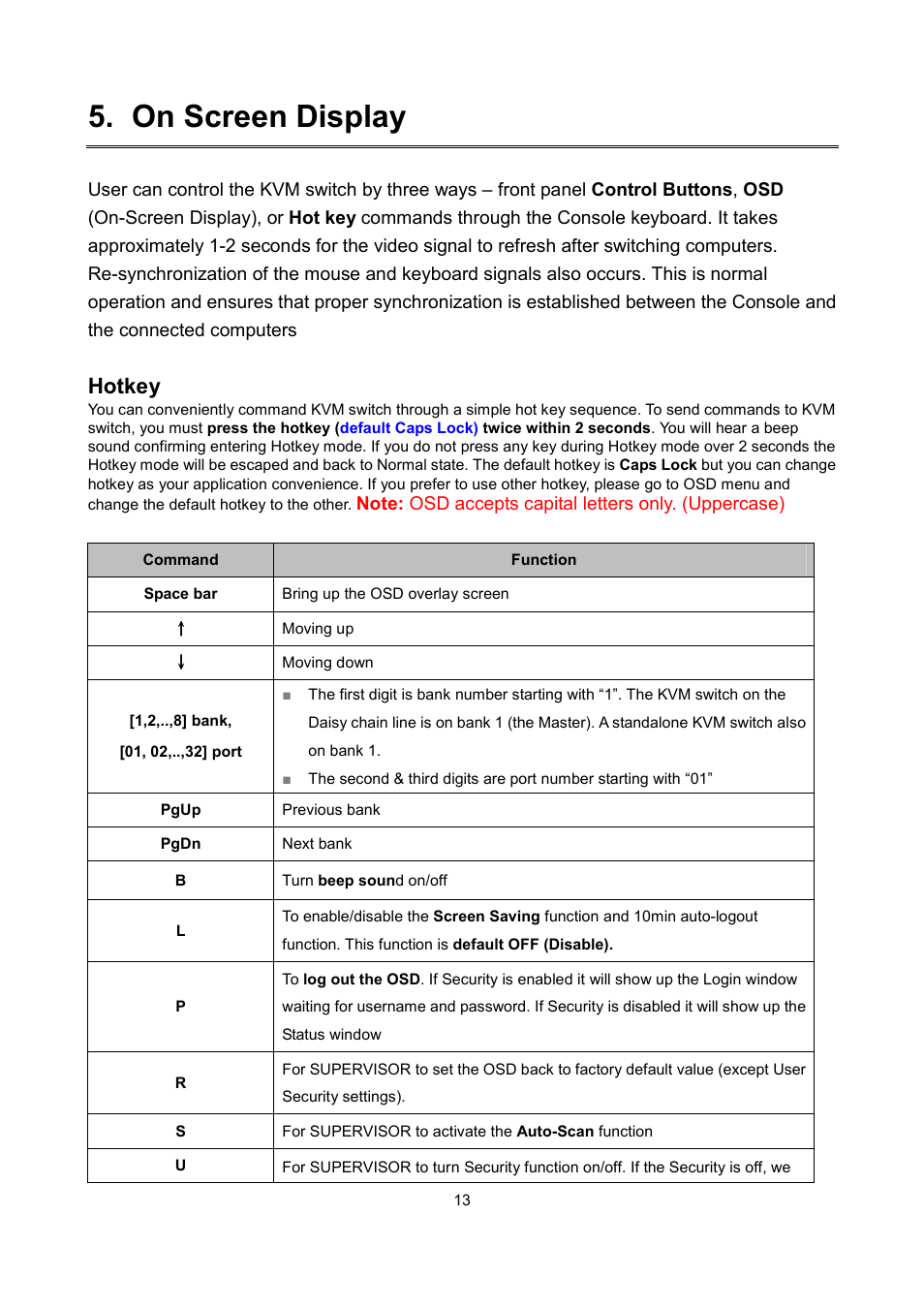 On screen display, Hotkey | LevelOne KVM-1631 User Manual | Page 49 / 62