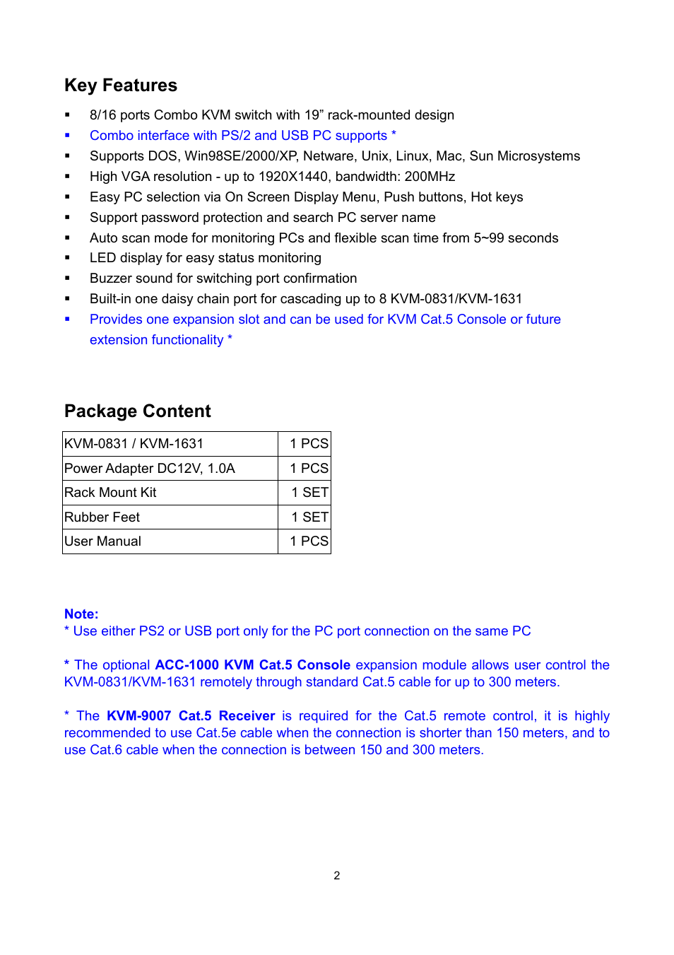 Key features, Package content | LevelOne KVM-1631 User Manual | Page 7 / 62