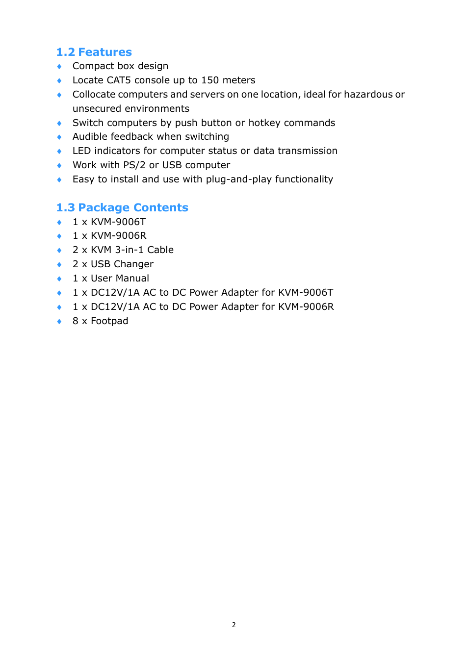Eatures, Ackage, Ontents | LevelOne KVM-9006 User Manual | Page 4 / 17