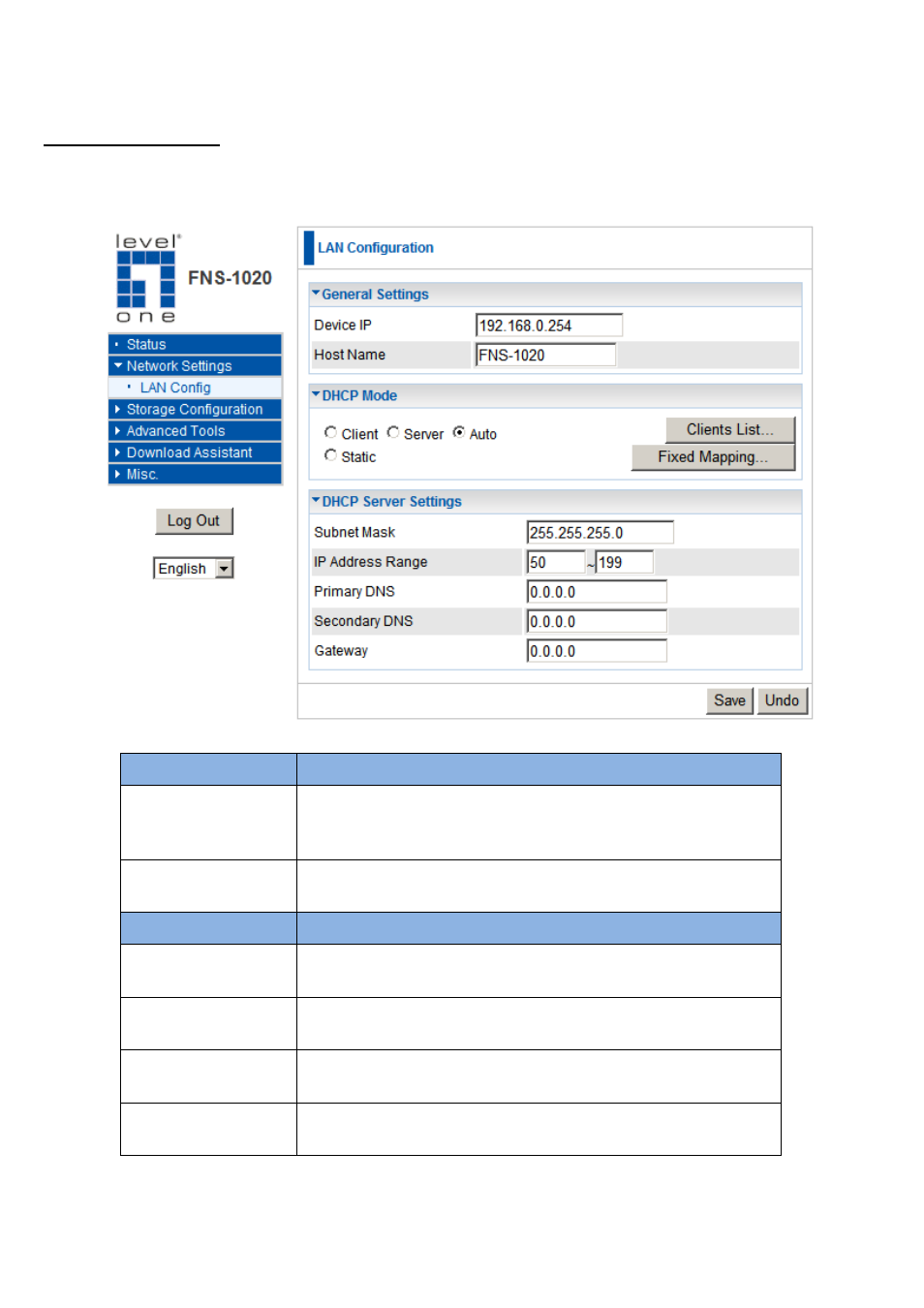 Network settings | LevelOne FNS-1020 User Manual | Page 22 / 49