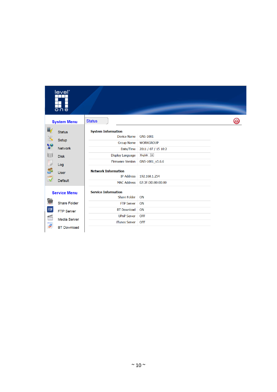 System status, System information, Network information | Service information, 4 system status | LevelOne GNS-1001 User Manual | Page 14 / 41