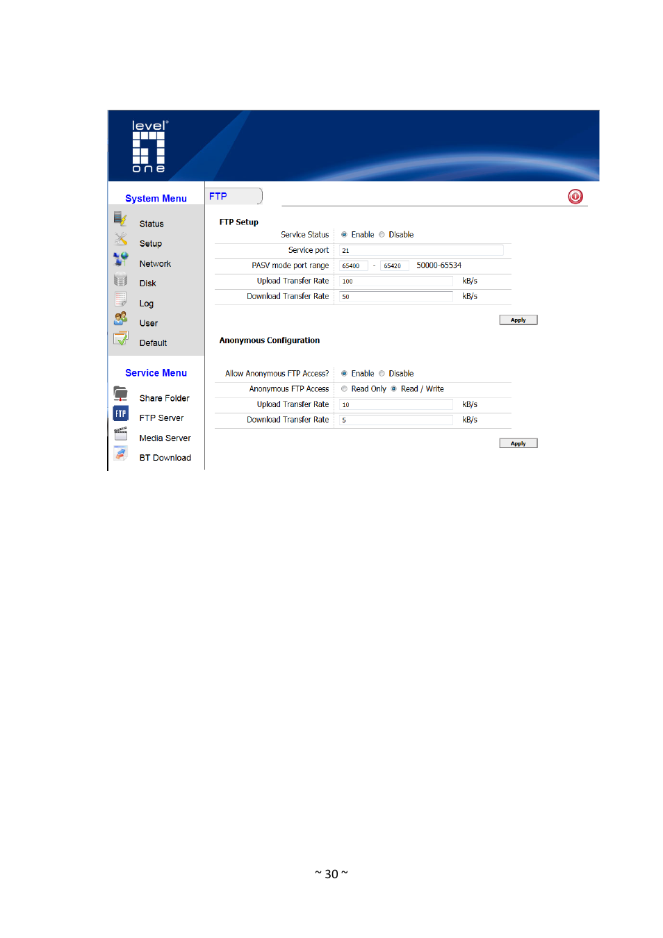 Ftp server, Service management, Anonymous management | LevelOne GNS-1001 User Manual | Page 34 / 41