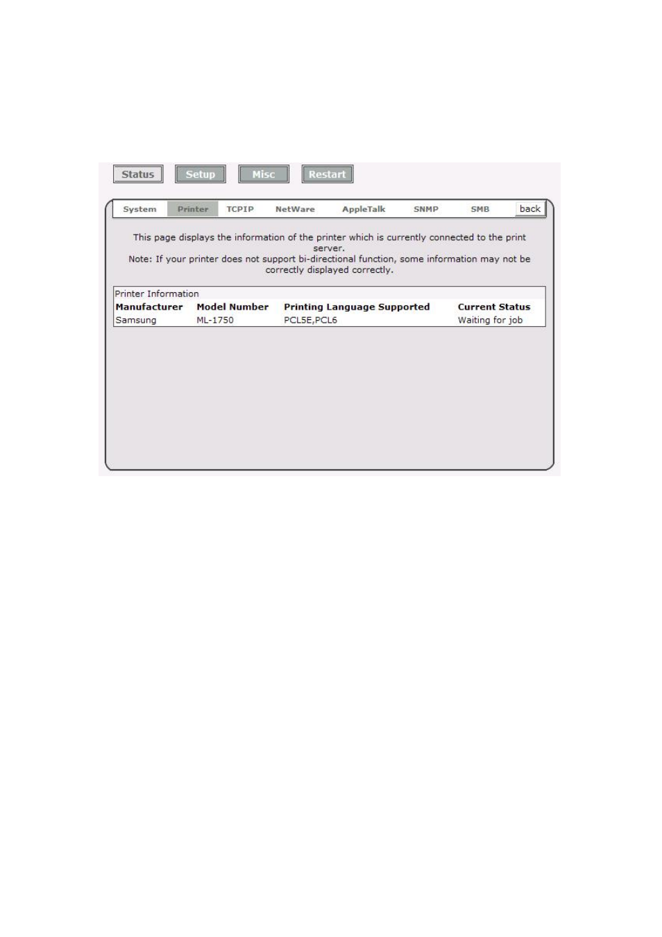 Printer status, Tcp/ip status | LevelOne FPS-1032 User Manual | Page 34 / 81
