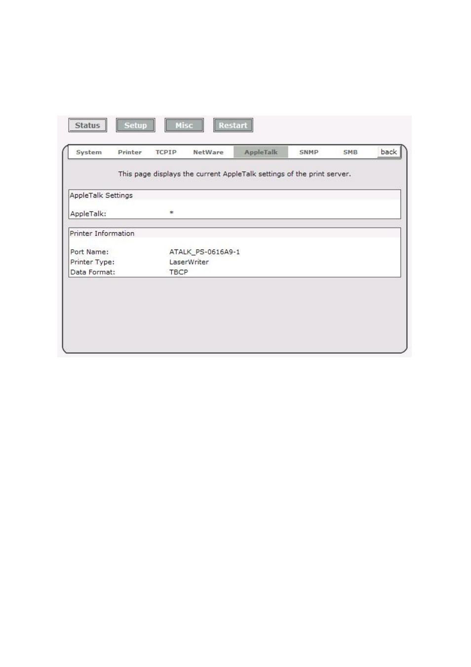 Appletalk status, Snmp status | LevelOne FPS-1032 User Manual | Page 37 / 81