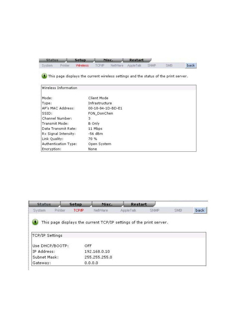 Wireless status, Tcp/ip status | LevelOne WPS-1133 User Manual | Page 36 / 84