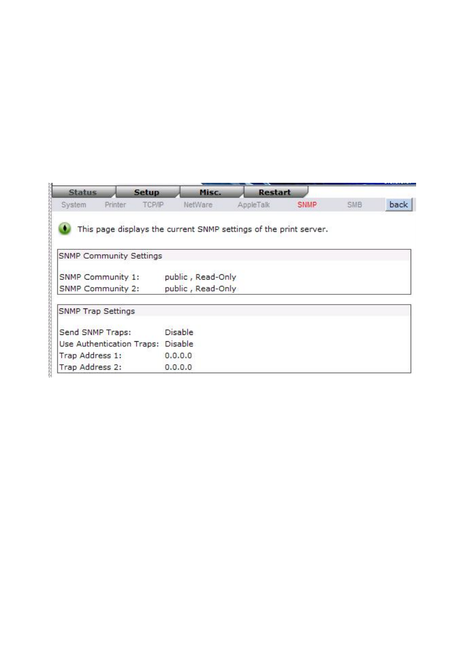 Snmp status, Smb status | LevelOne WPS-1133 User Manual | Page 39 / 84