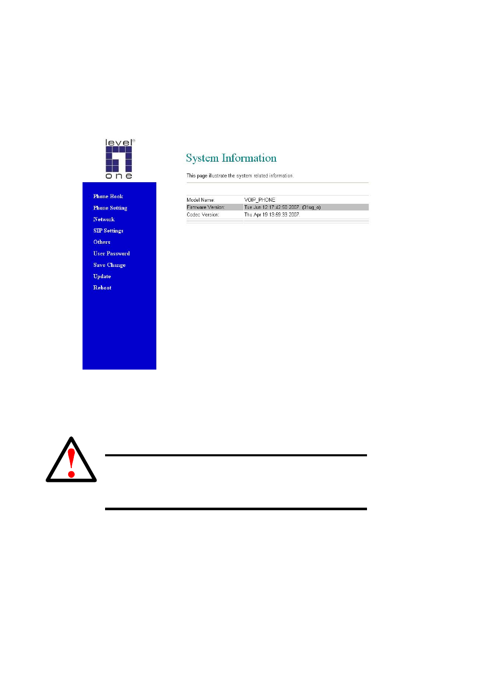 System information, Caution | LevelOne VOI-7100 User Manual | Page 16 / 81