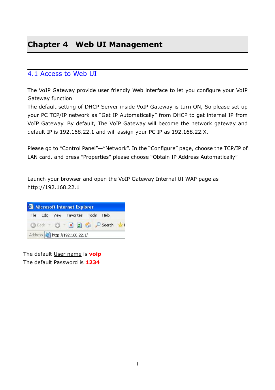 Chapter 4 web ui management, 1 access to web ui | LevelOne VOI-8001 User Manual | Page 14 / 117