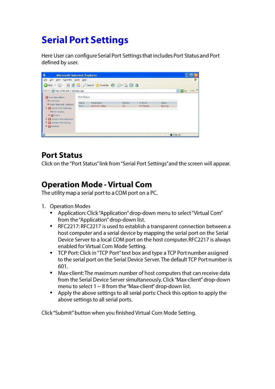 Erial, Ettings, Port status | Operation mode - virtual com | LevelOne IED-1020 User Manual | Page 13 / 72