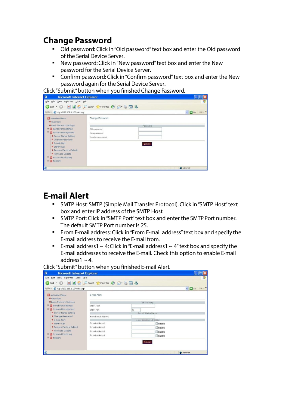 Change password, E-mail alert | LevelOne IED-1020 User Manual | Page 26 / 72