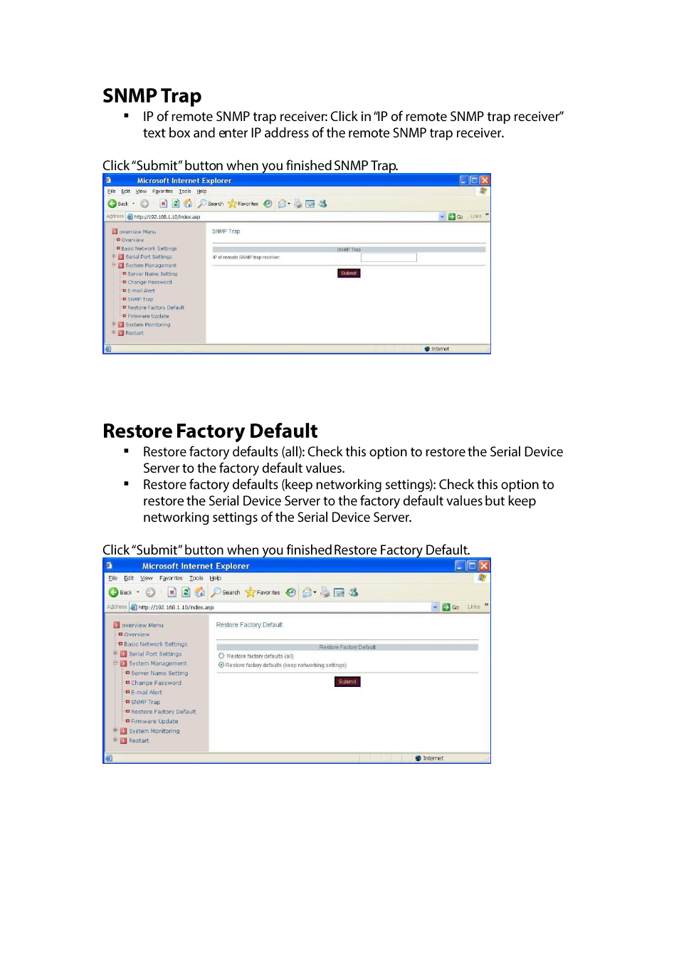 Snmp trap, Restore factory default | LevelOne IED-1020 User Manual | Page 27 / 72
