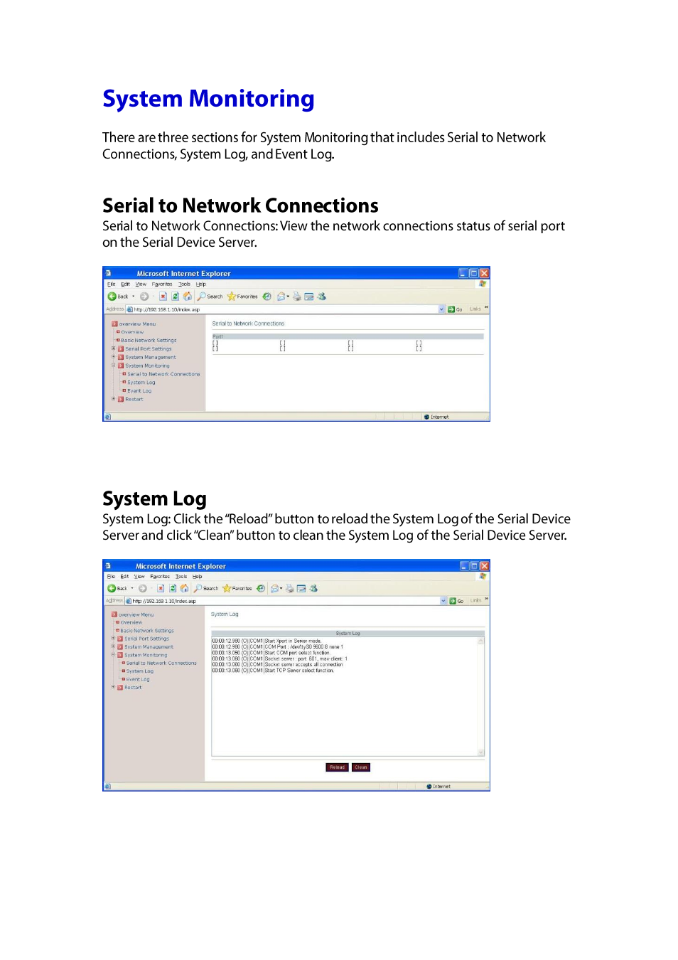 Ystem, Onitoring, Serial to network connections | System log | LevelOne IED-1020 User Manual | Page 29 / 72