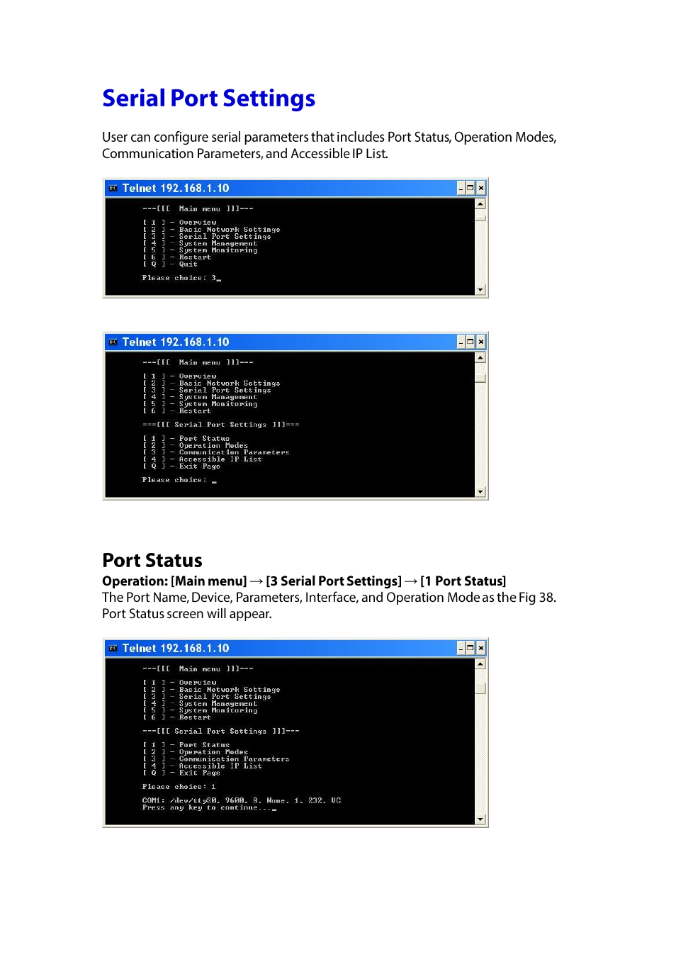 Erial, Ettings, Port status | LevelOne IED-1020 User Manual | Page 34 / 72