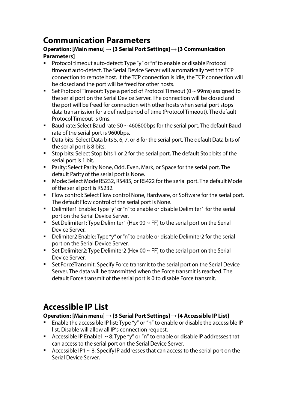 Communication parameters, Accessible ip list | LevelOne IED-1020 User Manual | Page 37 / 72