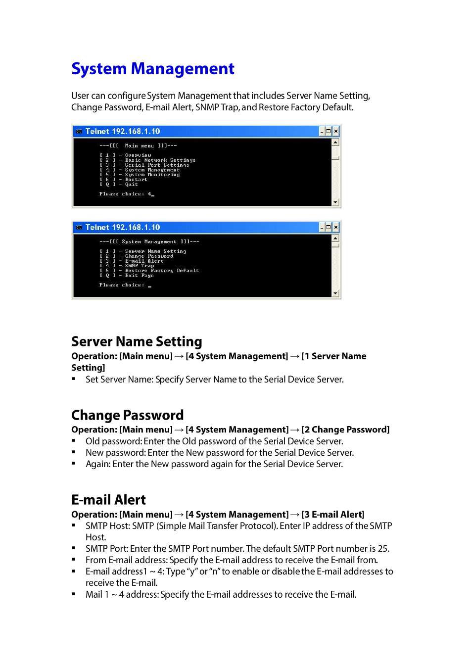 Ystem, Anagement, Server name setting | Change password, E-mail alert | LevelOne IED-1020 User Manual | Page 38 / 72