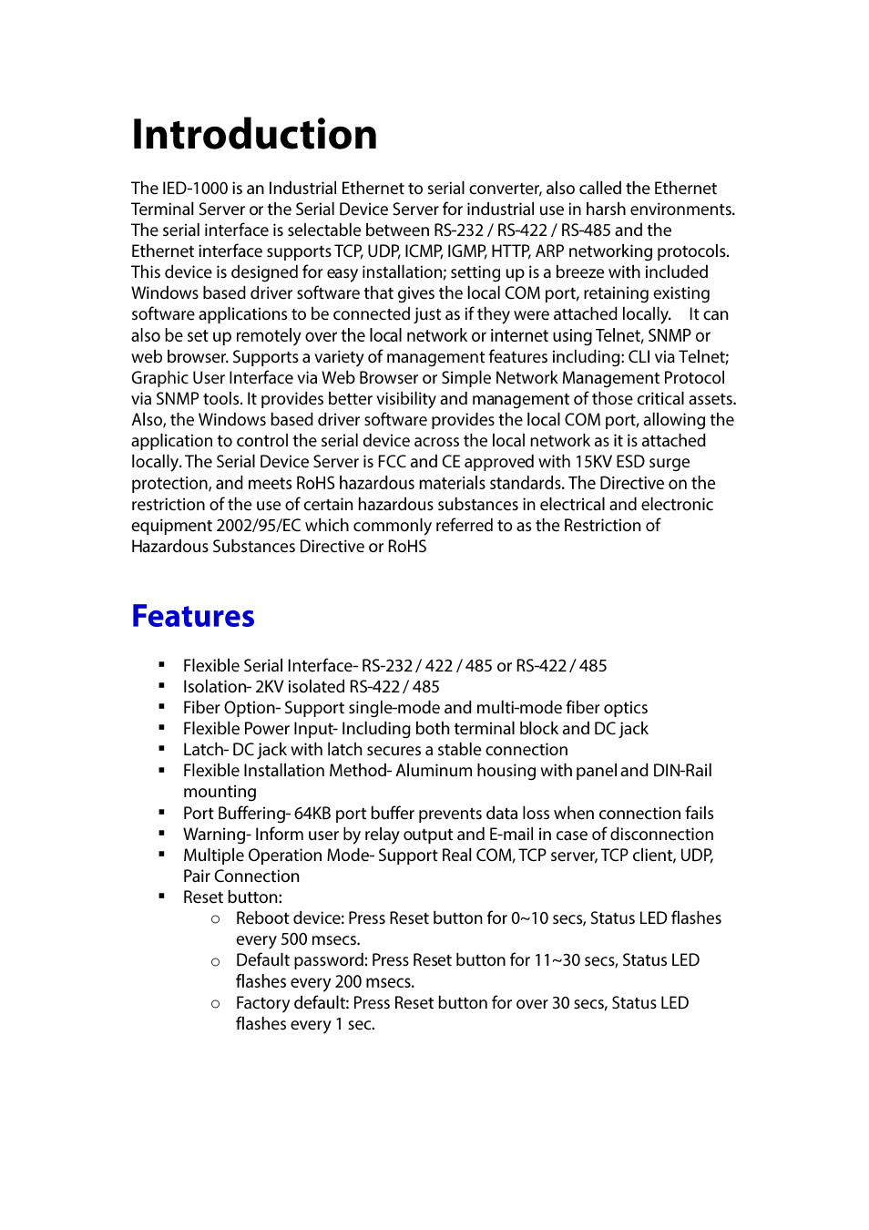 Introduction, Eatures | LevelOne IED-1020 User Manual | Page 4 / 72