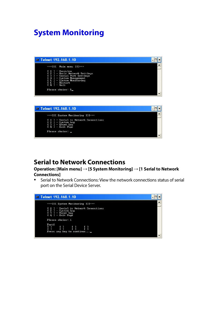 Ystem, Onitoring, Serial to network connections | LevelOne IED-1020 User Manual | Page 40 / 72