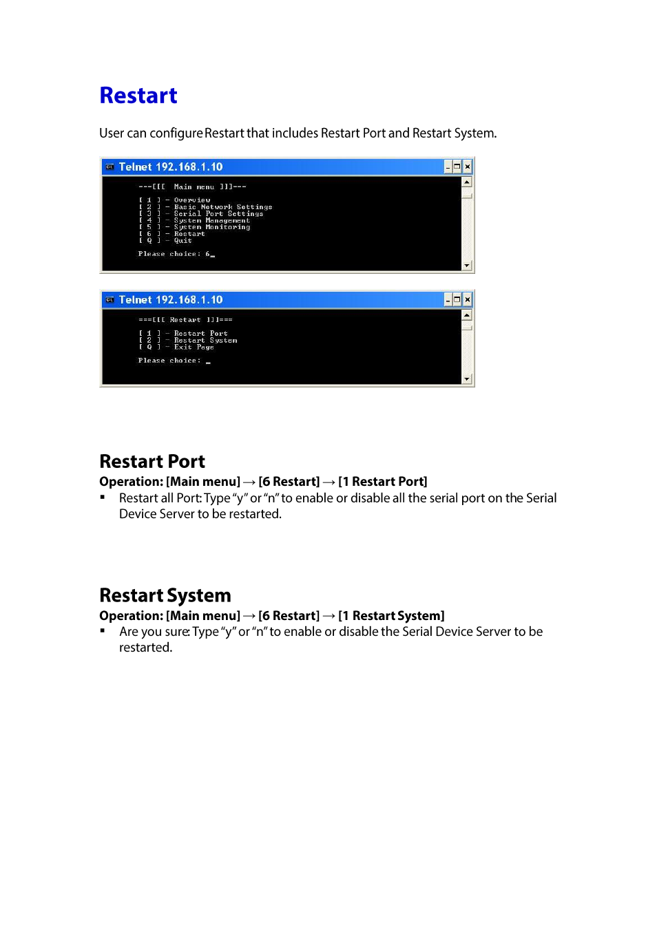 Estart, Restart port, Restart system | LevelOne IED-1020 User Manual | Page 42 / 72