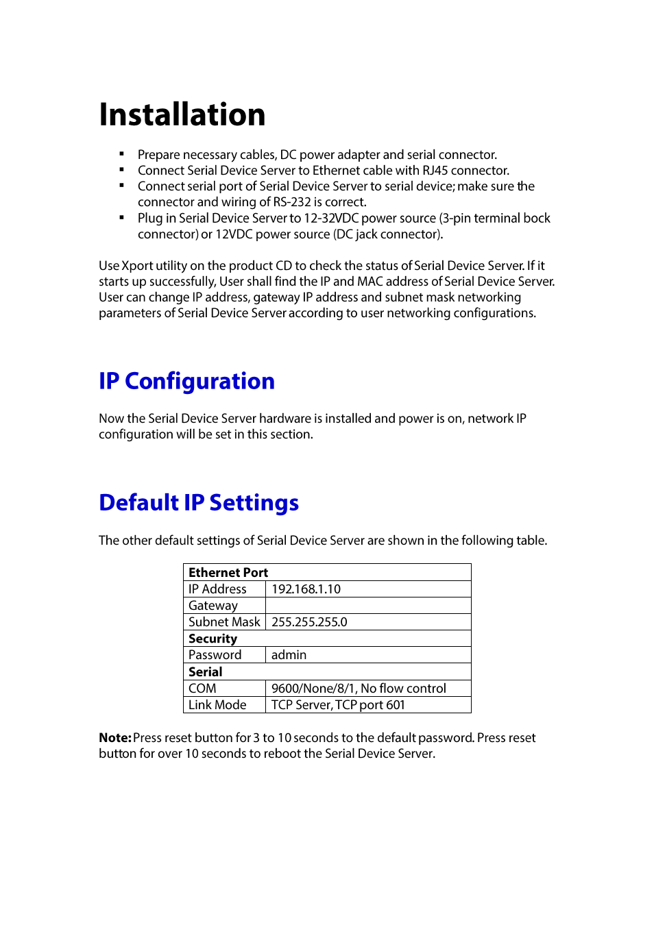 Installation, Onfiguration, Efault | Ettings | LevelOne IED-1020 User Manual | Page 7 / 72