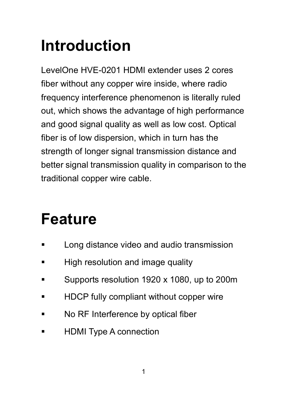 Introduction, Feature | LevelOne HVE-0201 User Manual | Page 2 / 7