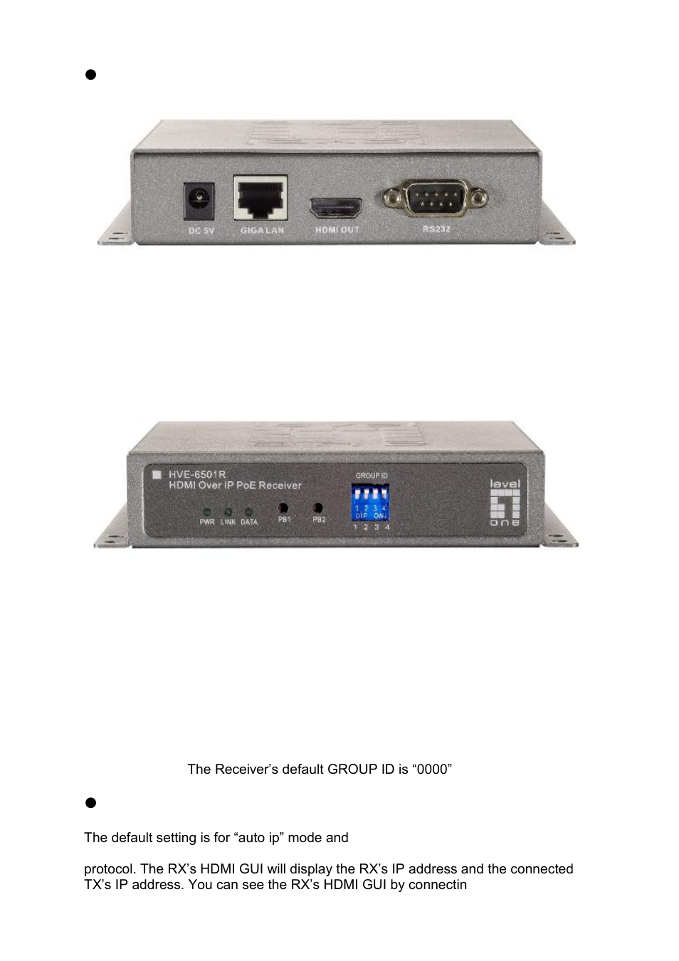Receiver, Leds , button and group id setting, Transmitter & receiver ip address | LevelOne HVE-6501T User Manual | Page 9 / 19