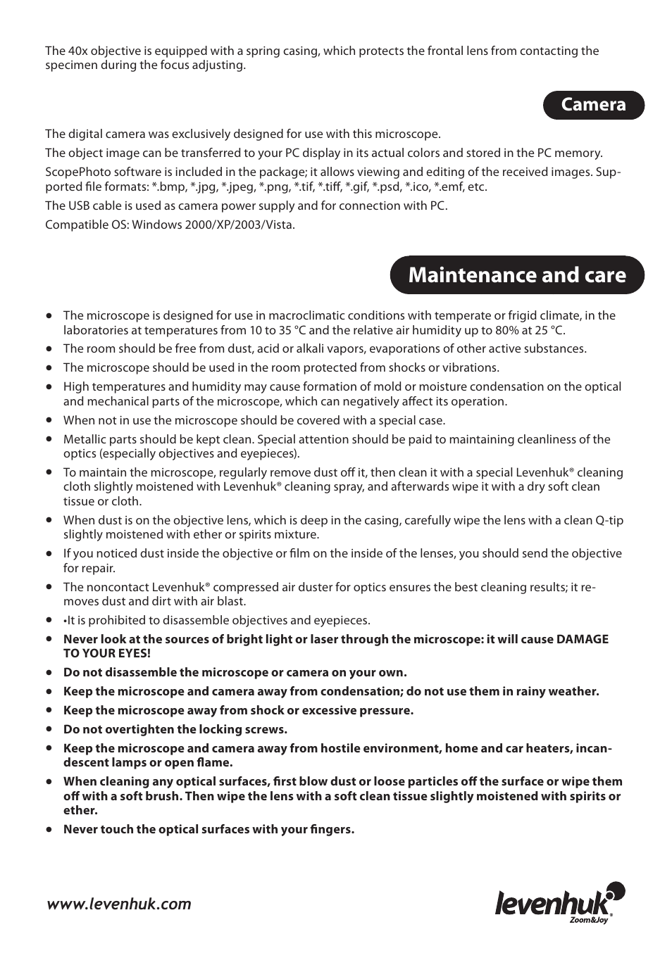 Maintenance and care | Levenhuk 3L NG Microscope User Manual | Page 10 / 41